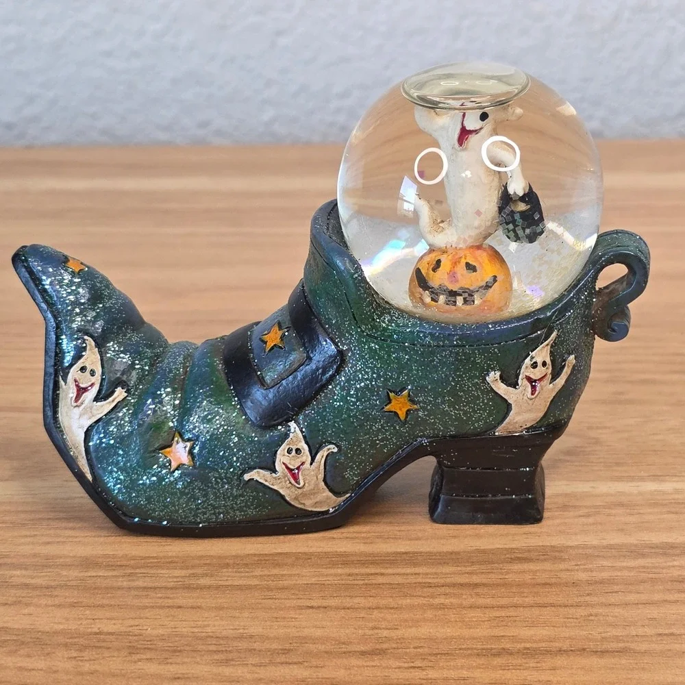 Halloween Snow Globe Witch Boot Set 4pc Black Cat Ghost Scarecrow Pumpkin